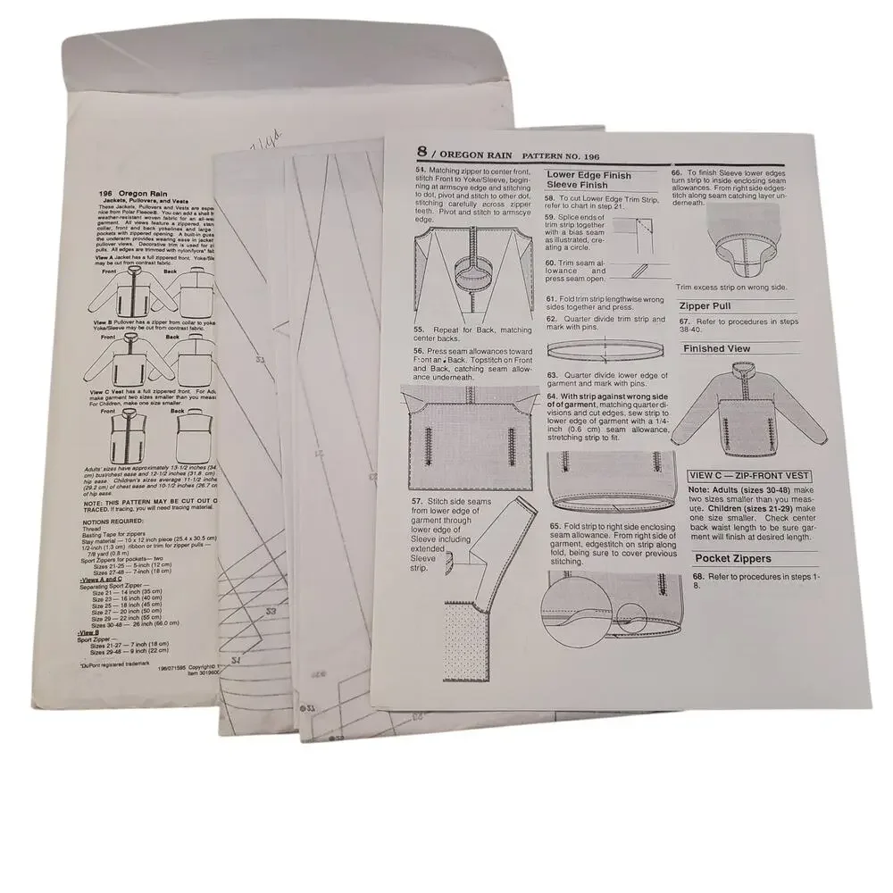 Oregon Rain Jackets Pullovers Vest Ann Person Collectibles Sewing Pattern UNCUT
